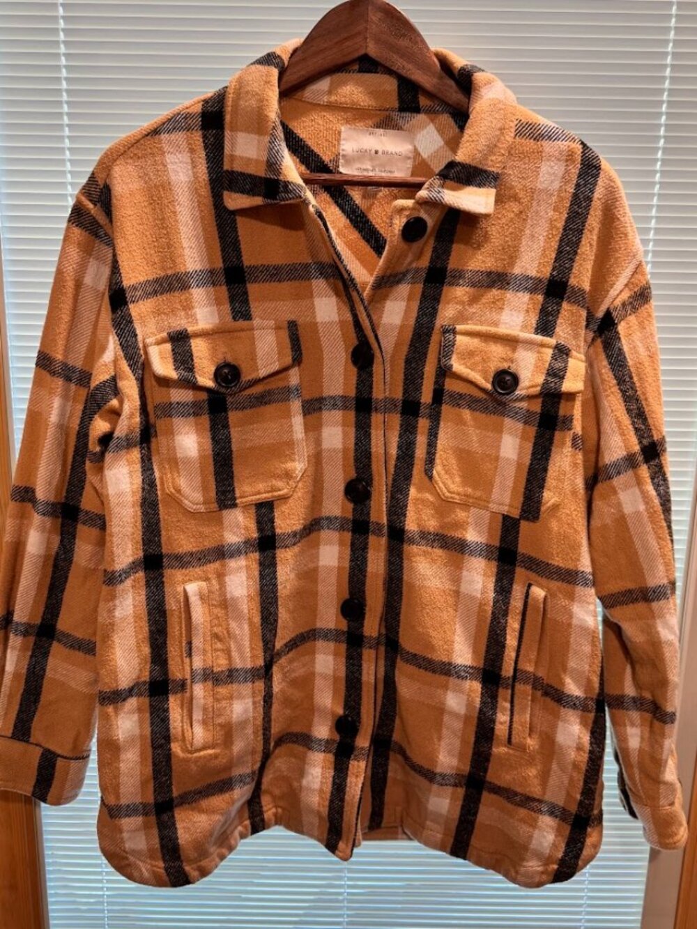 Lucky Brand Tan Buffalo Plaid Flannel Shacket Shirt Jacket Womens Small